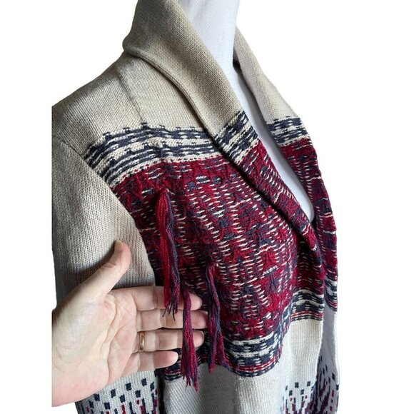 Style & Co Sweater Cardigan Women's Sz Small Open Front Tan Red Blue Fringe - Picture 4 of 11